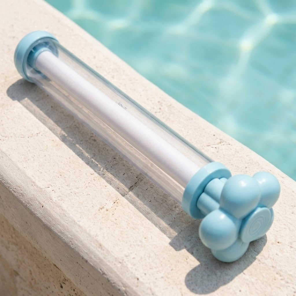 A clear water gun with light blue ends and a white inner tube rests on beige stone beside turquoise pool water.