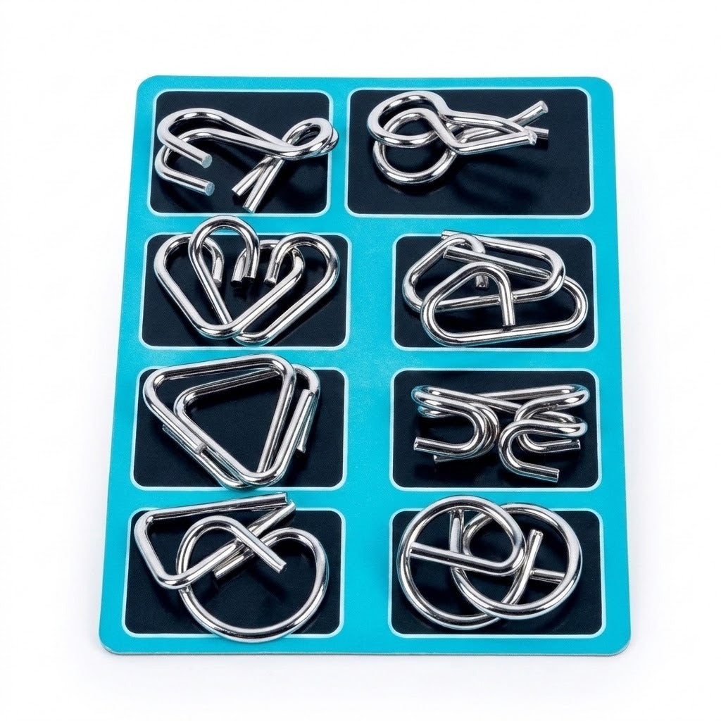 Eight-piece silver-colored wire brain teaser set arranged in two columns on a turquoise and black backing card against white.
