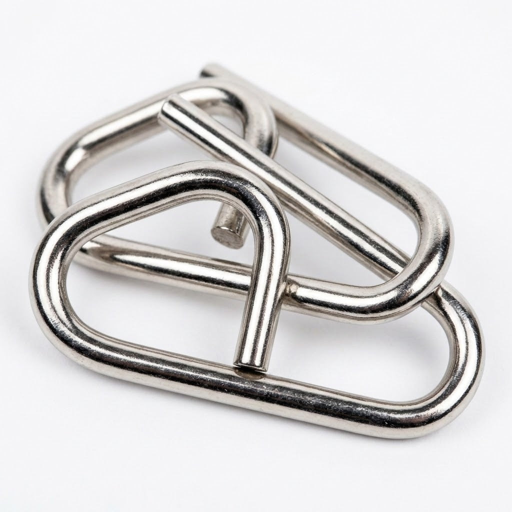 Close-up of interlocking silver-colored geometric loops from the brain teaser set against a white background.