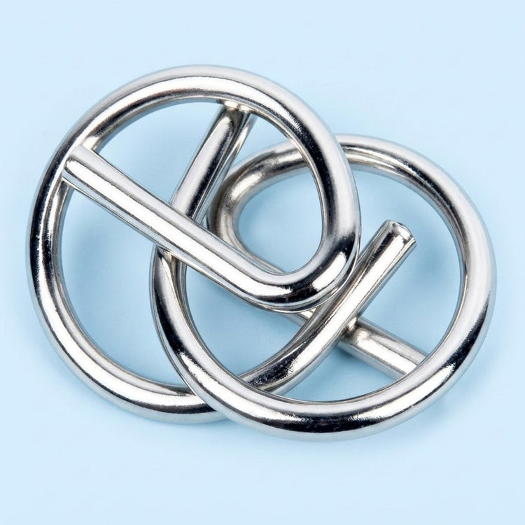 Silver metal circular puzzle from the brain teaser set, with interlocking rings and bent bars on a light blue background.