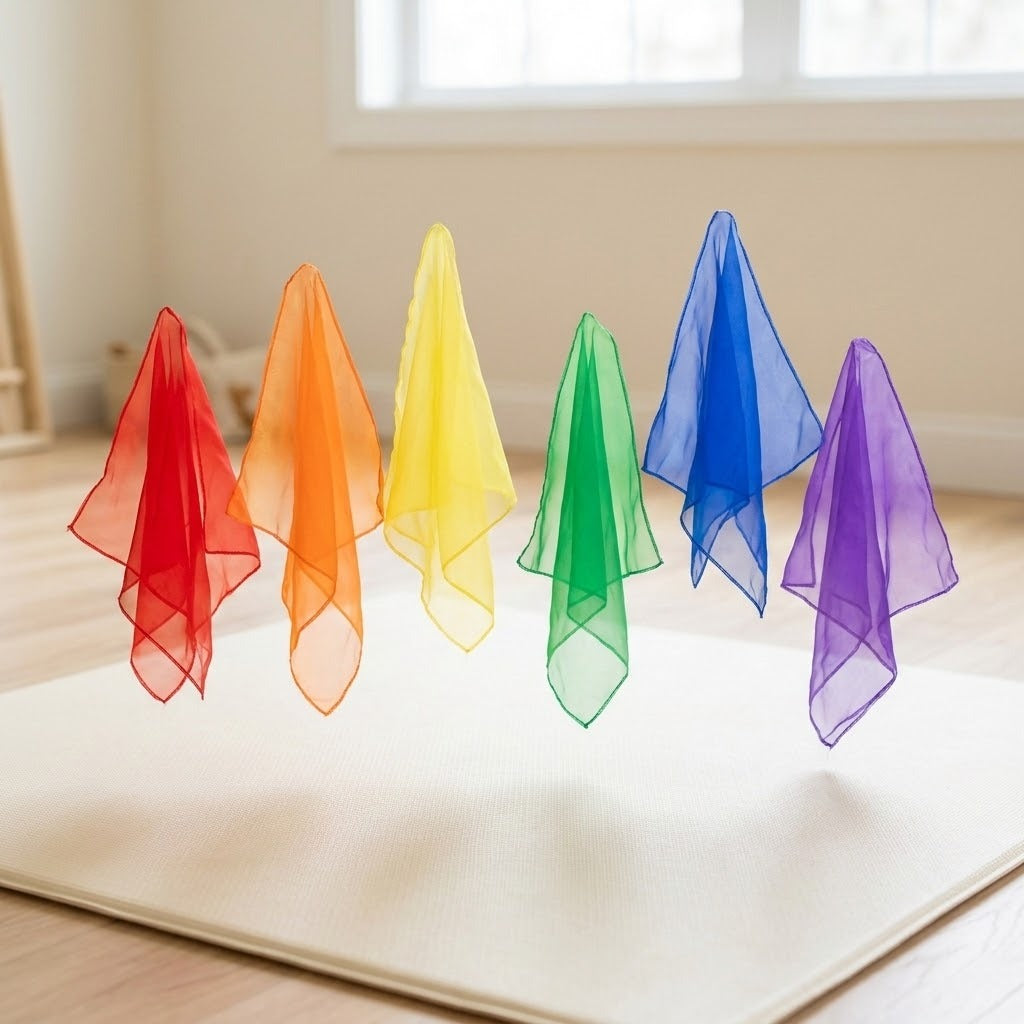 Six sheer chiffon juggling scarves in rainbow colours float in a row above a cream mat in a bright room.