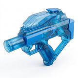 A translucent blue electric water gun with an angular body and open rear frame stands against a plain white background.