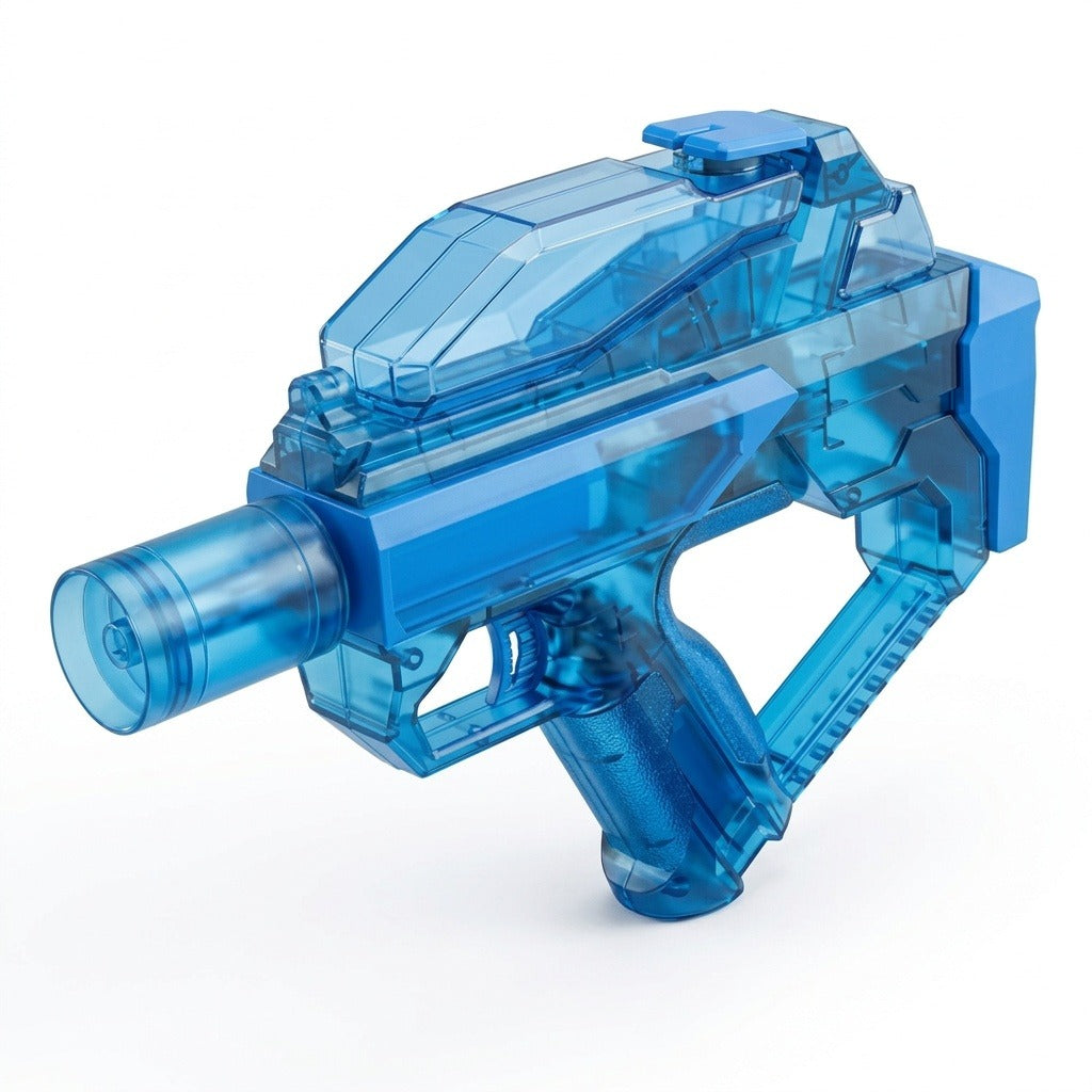 A translucent blue electric water gun with an angular body and open rear frame stands against a plain white background.