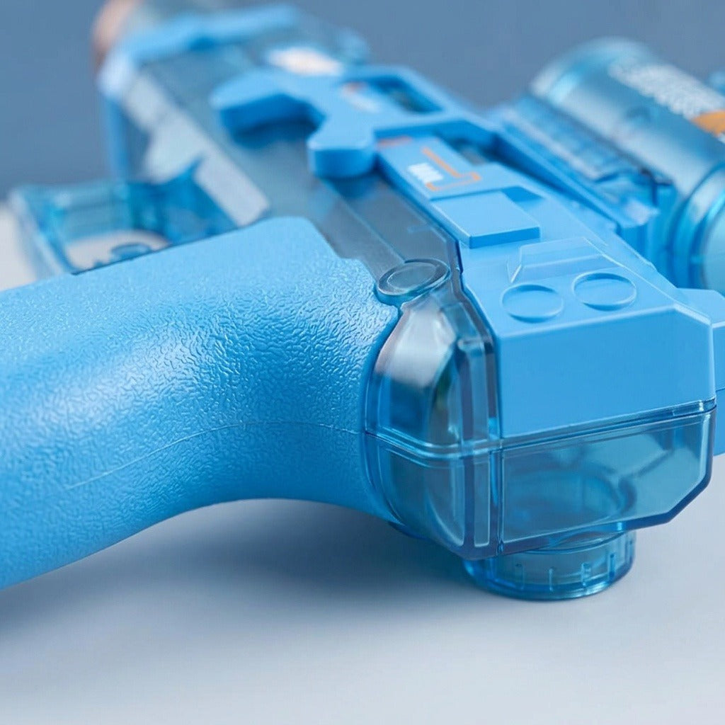 A blue electric water gun appears close up, showing its textured grip and translucent casing against a neutral gray background.