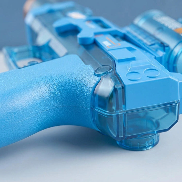 A blue electric water gun appears close up, showing its textured grip and translucent casing against a neutral gray background.
