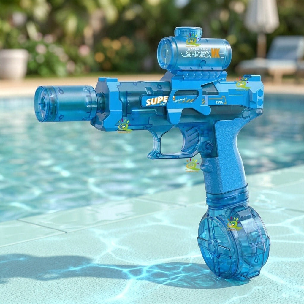 A translucent blue electric water gun with a round lower tank stands beside a swimming pool with blurred greenery behind it.