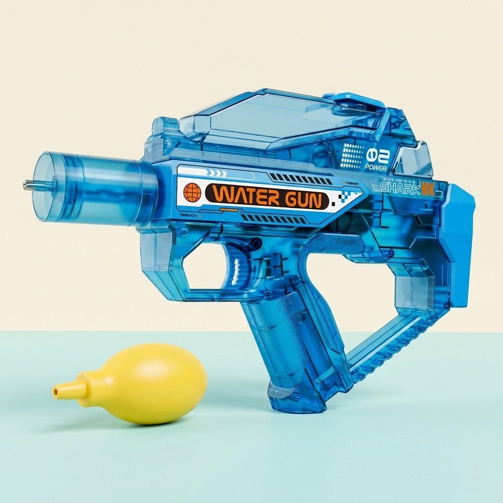 A translucent blue electric water gun sits beside a yellow bulb-shaped accessory on a pale blue surface against a beige background.