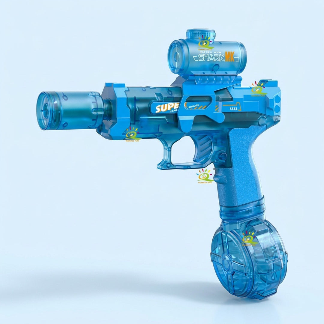 A translucent blue pistol-style electric water gun with a cylindrical top attachment and round lower tank stands against a light blue background.