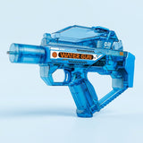 A translucent blue electric water gun with orange lettering and an angular rear section stands against a light blue background.
