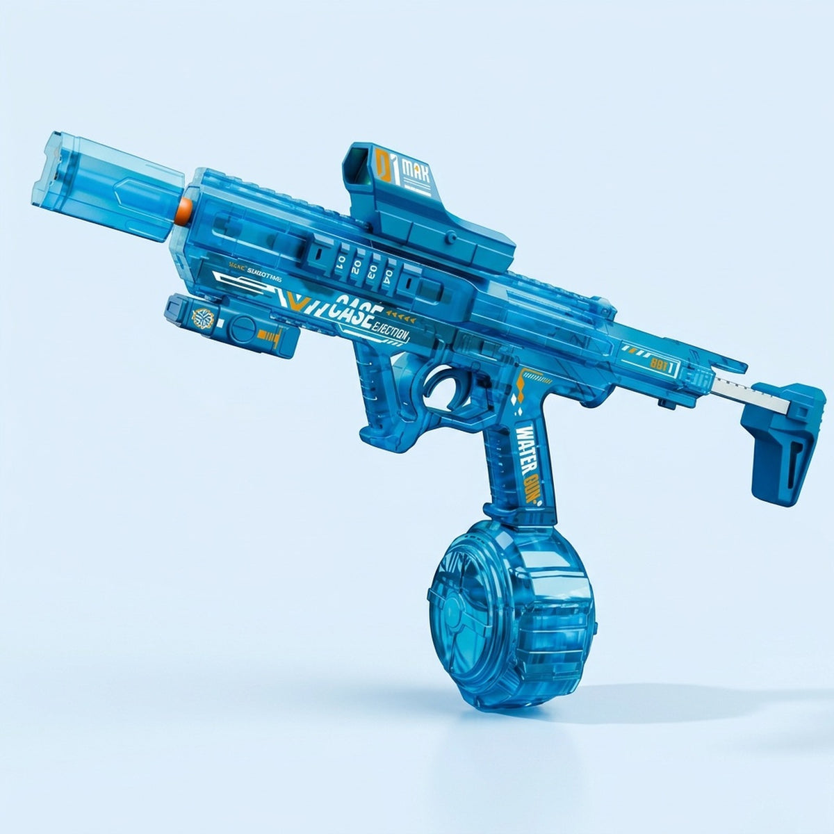 A translucent blue rifle-style electric water gun with a round lower tank and extended shoulder stock stands against a light blue background.