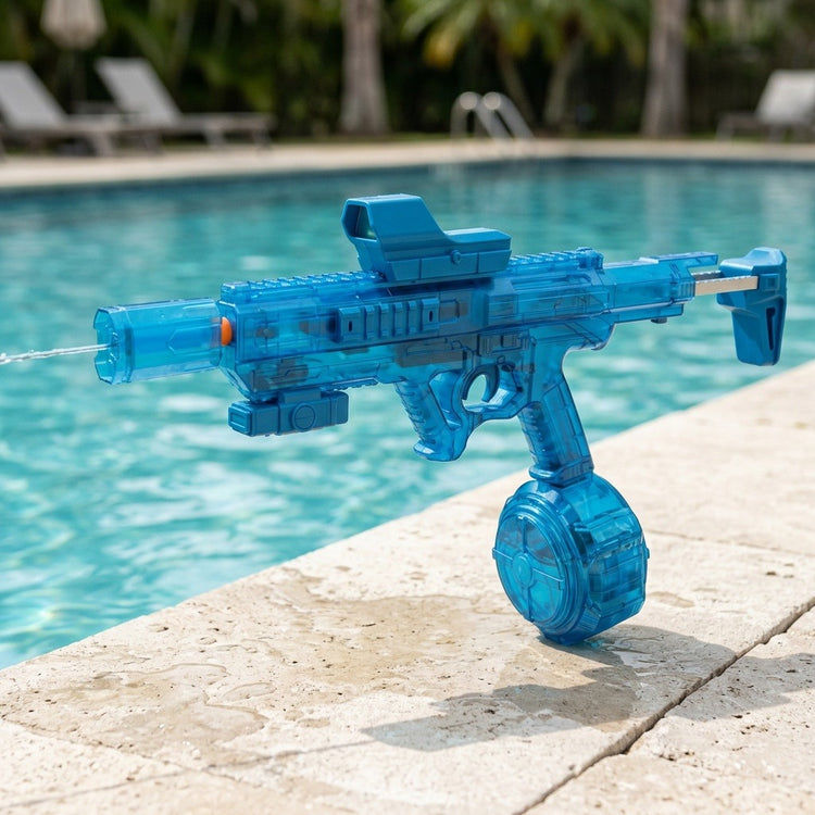 A translucent blue rifle-style electric water gun with a rear stock and round drum tank sprays water beside a swimming pool.
