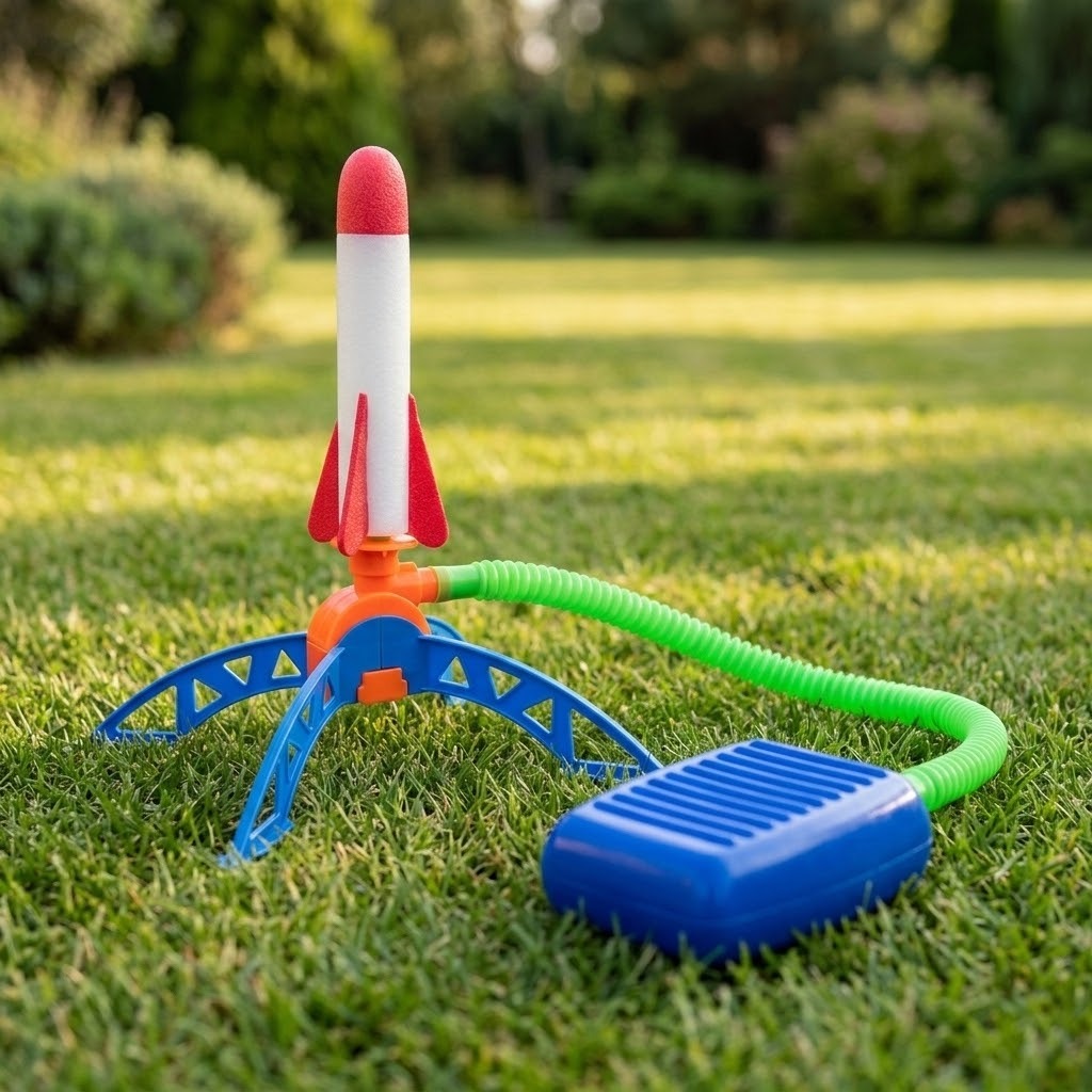 A plastic toy rocket launcher set on a green grass lawn, featuring a white rocket with red fins and nose cone, a blue support stand, a green hose, and a blue foot pump.
