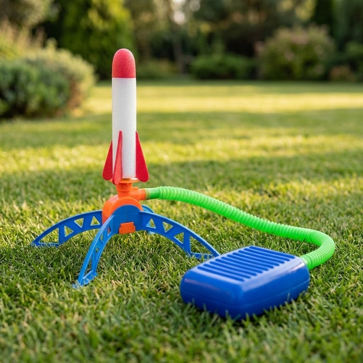 A plastic toy rocket launcher set on a green grass lawn, featuring a white rocket with red fins and nose cone, a blue support stand, a green hose, and a blue foot pump.