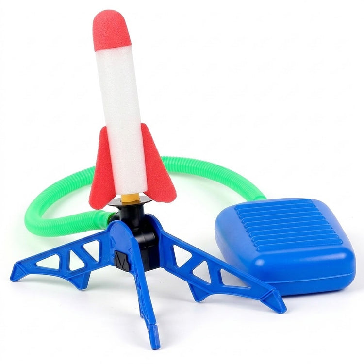 Rocket launcher toy with a blue stand and foot pump, green hose, and red-and-white rocket on a white background.