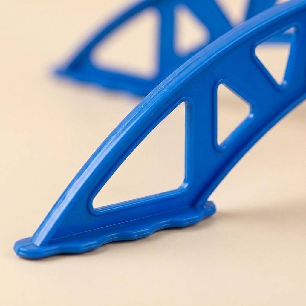 Close-up of the rocket launcher toy’s blue plastic stand with triangular cutouts on a beige surface.