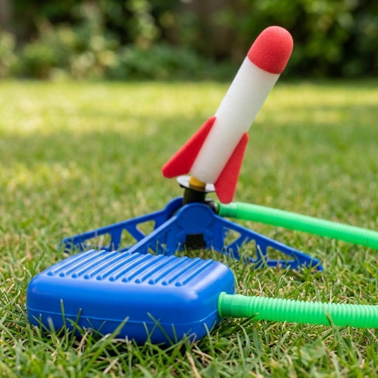 Rocket launcher toy on grass with an angled red-and-white rocket, blue stand and foot pump, and green hose.
