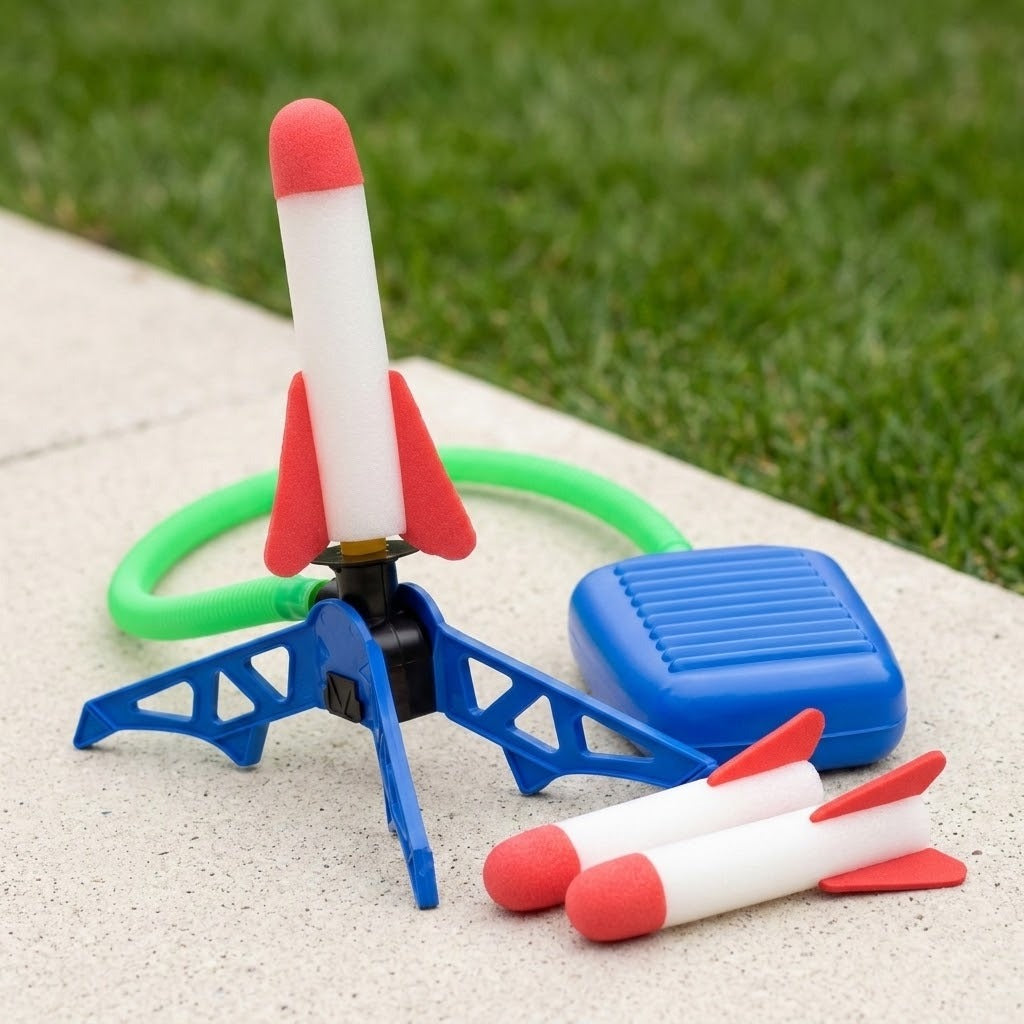 Rocket launcher toy on concrete beside grass, with three red-and-white rockets, a blue stand and foot pump, and green hose.