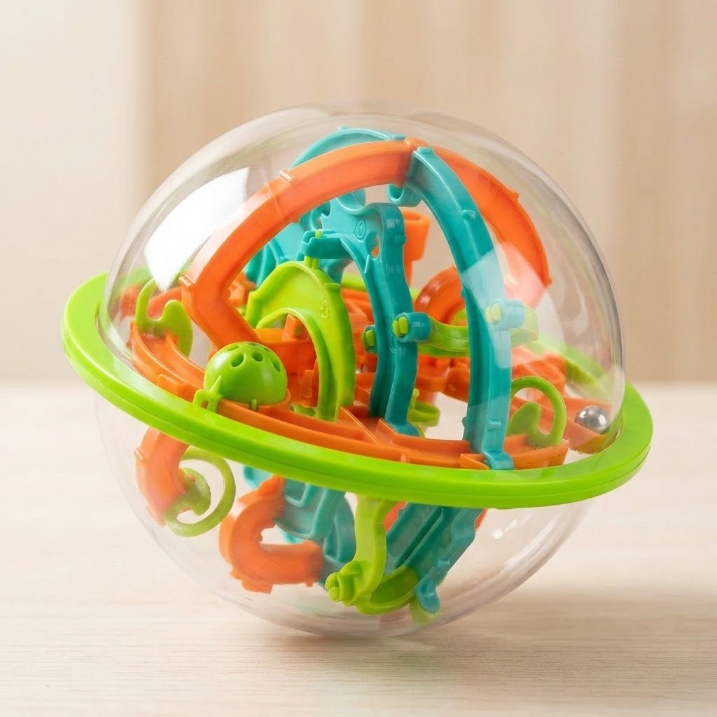 A spherical maze puzzle with a transparent shell and orange, teal and lime-green tracks sits against a warm beige background.