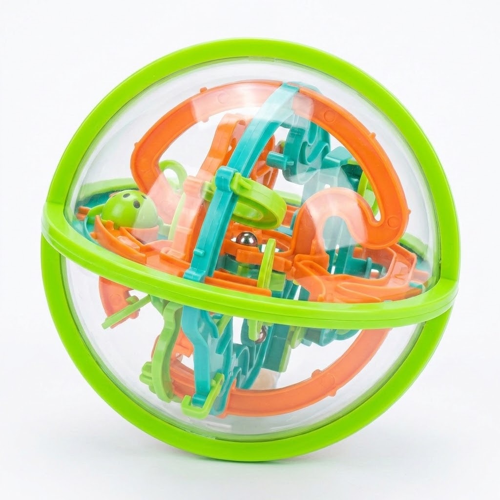 A complete maze puzzle with a clear plastic shell, lime-green rim, colorful tracks and visible steel ball sits against white.