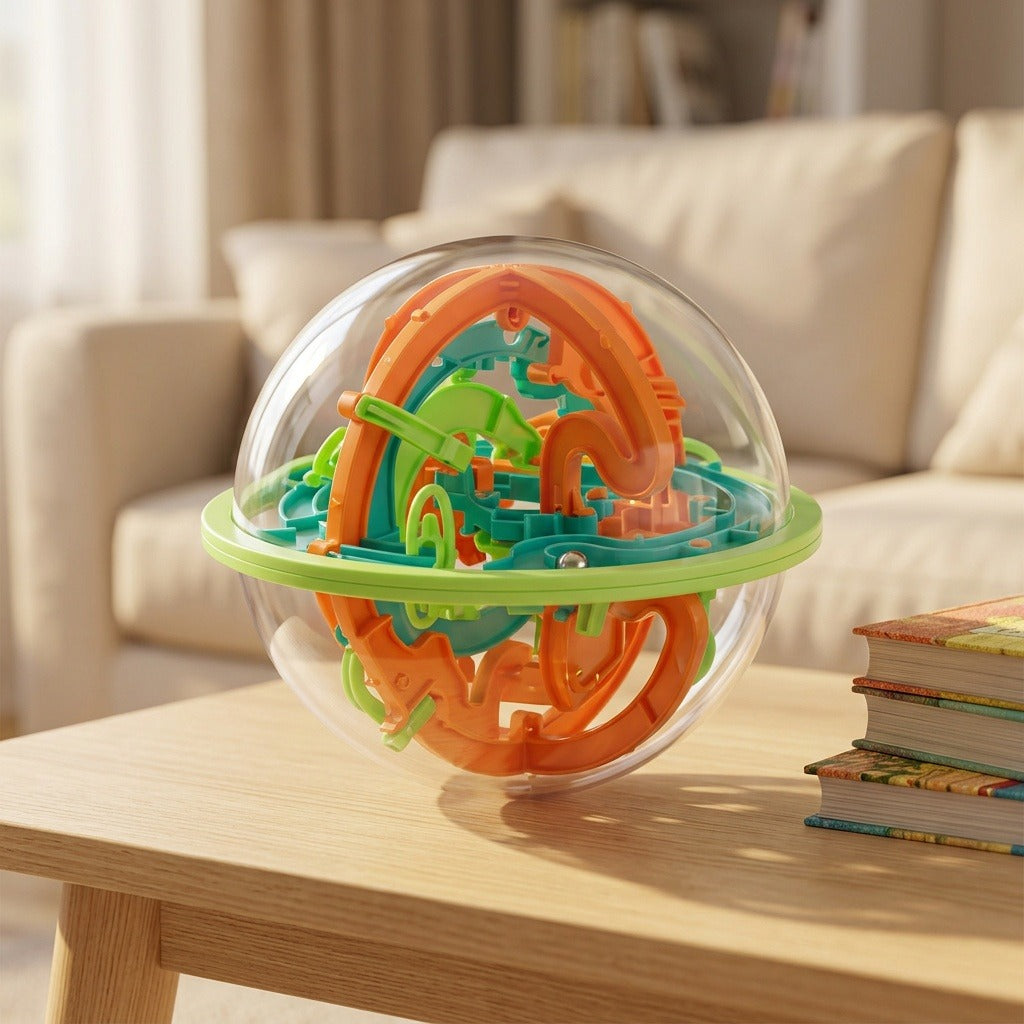 A clear plastic spherical maze puzzle with orange, teal, and green tracks rests on a wooden table beside books and a cream sofa.