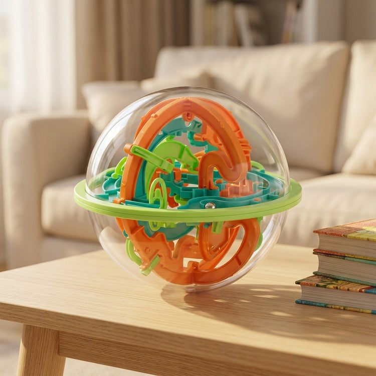 A clear plastic spherical maze puzzle with orange, teal, and green tracks rests on a wooden table beside books and a cream sofa.