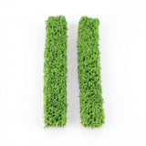 Two green model hedges with textured foliage lie parallel on a plain white background.