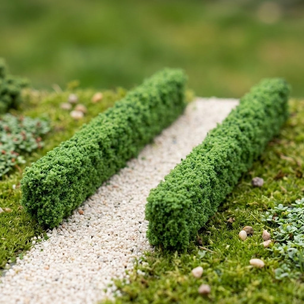 Two green model hedges border a pale gravel path surrounded by miniature grass, plants, and scattered stones.