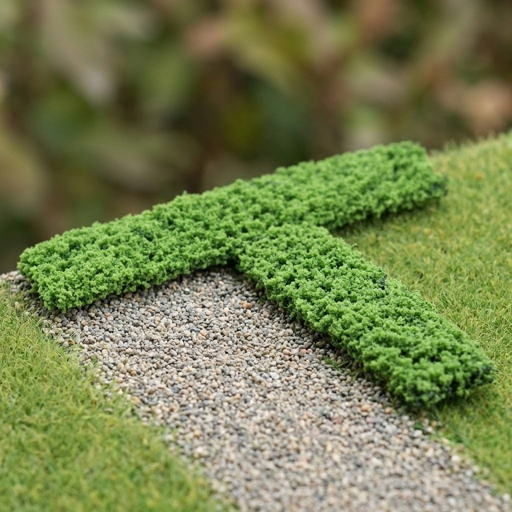 Green model hedges form a T-shaped arrangement beside a gravel path on miniature grassy terrain.