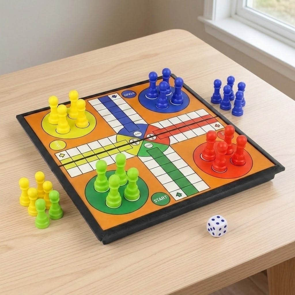 Foldable ludo game set with an orange board and black border, colorful pieces and a white die on a light wood table near a window.