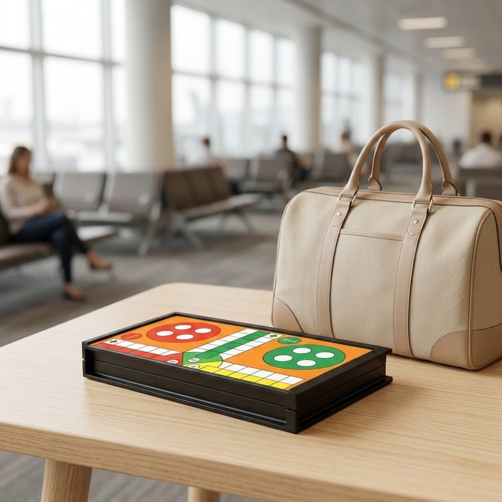 A folded black ludo set with a colourful board sits beside a beige travel bag on a wood table in an airport waiting area.