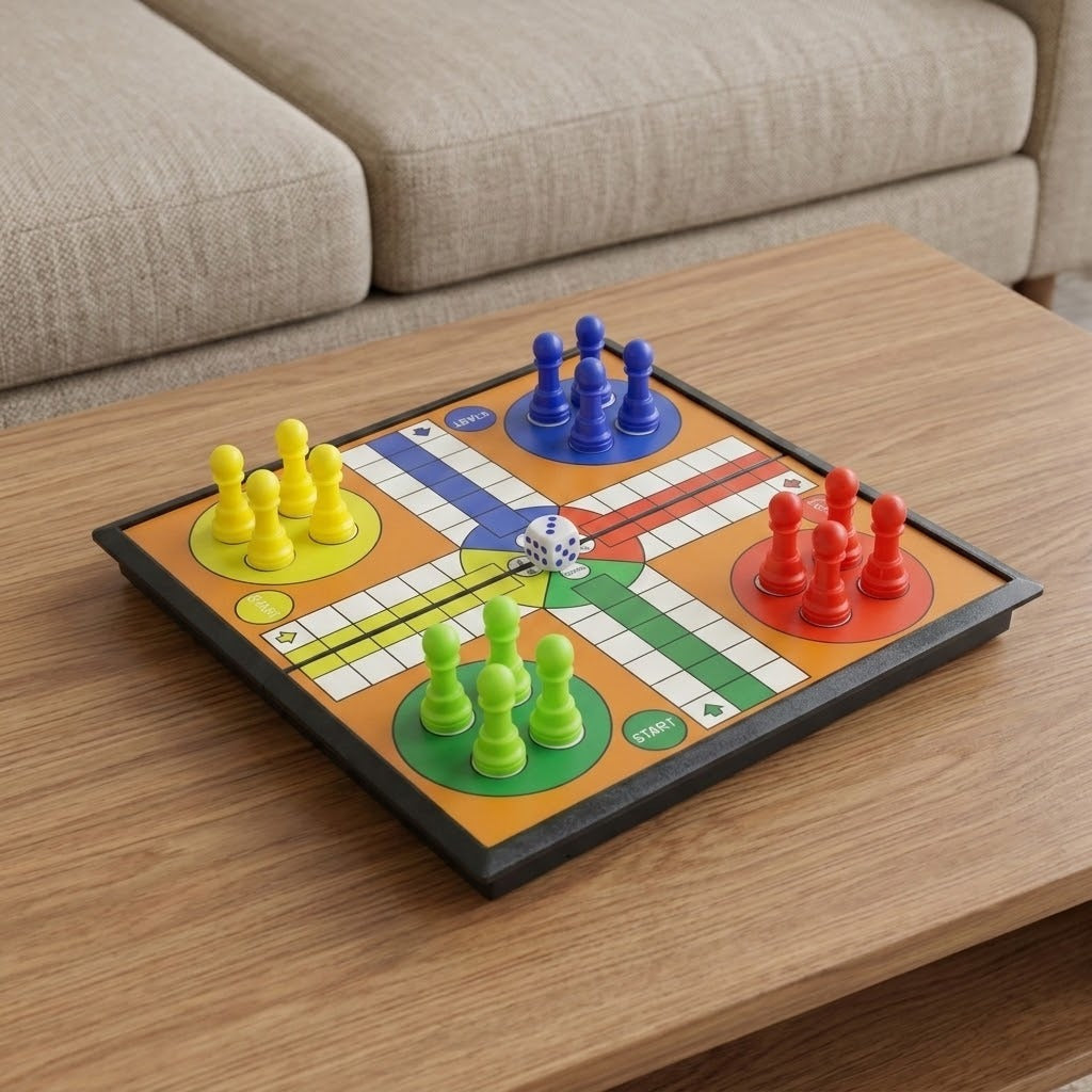 Black-framed Ludo board with red, yellow, green and blue pawns and a white die on a wooden table beside a beige sofa.