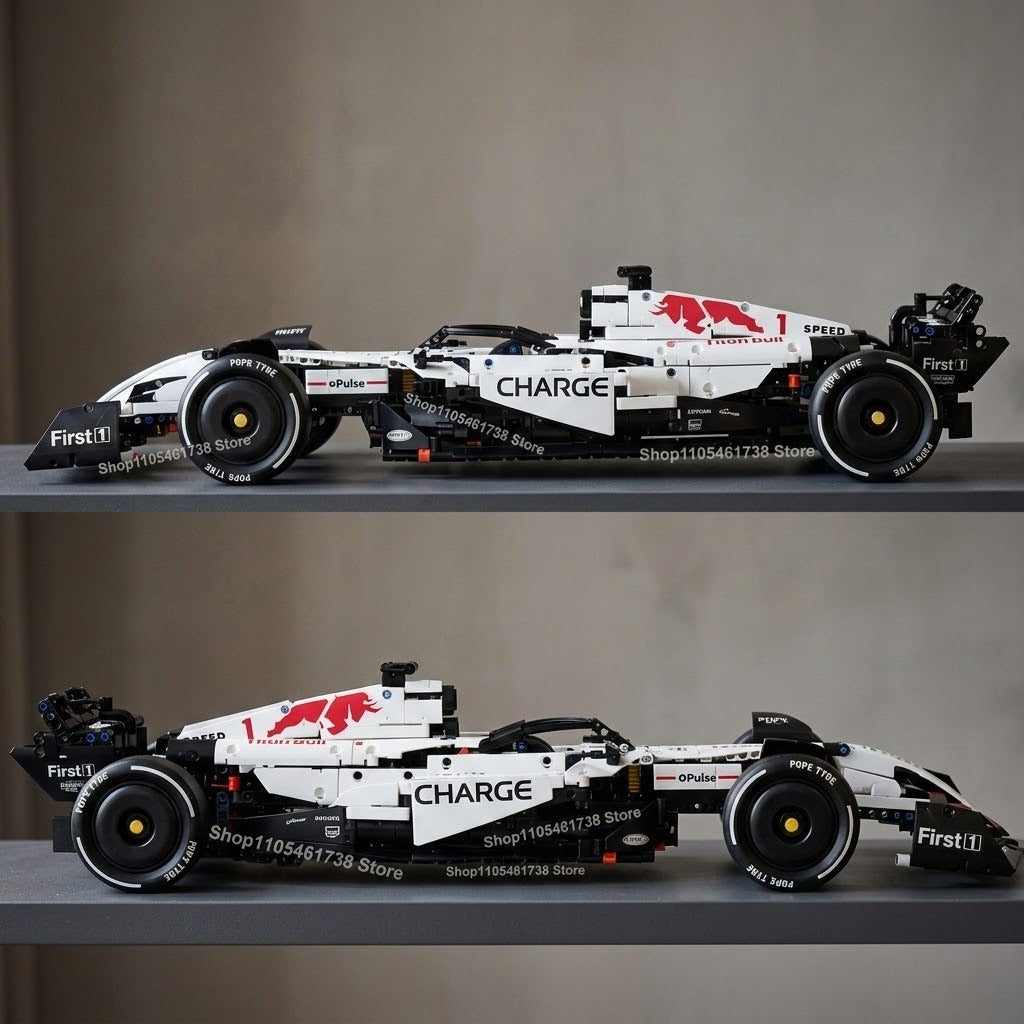 Two side views show the assembled white and black car building set with red accents on gray shelves.