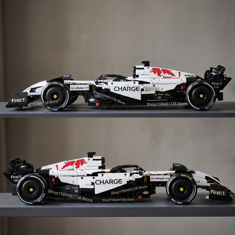 Two side views show the assembled white and black car building set with red accents on gray shelves.