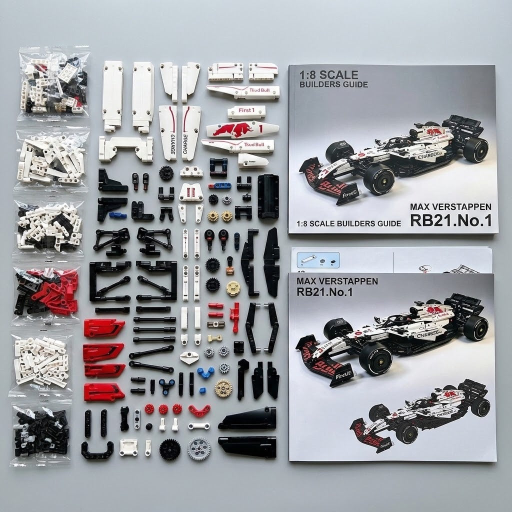 White, black, and red plastic parts from the car building set lie on gray beside assembly guides labeled 1:8 scale.