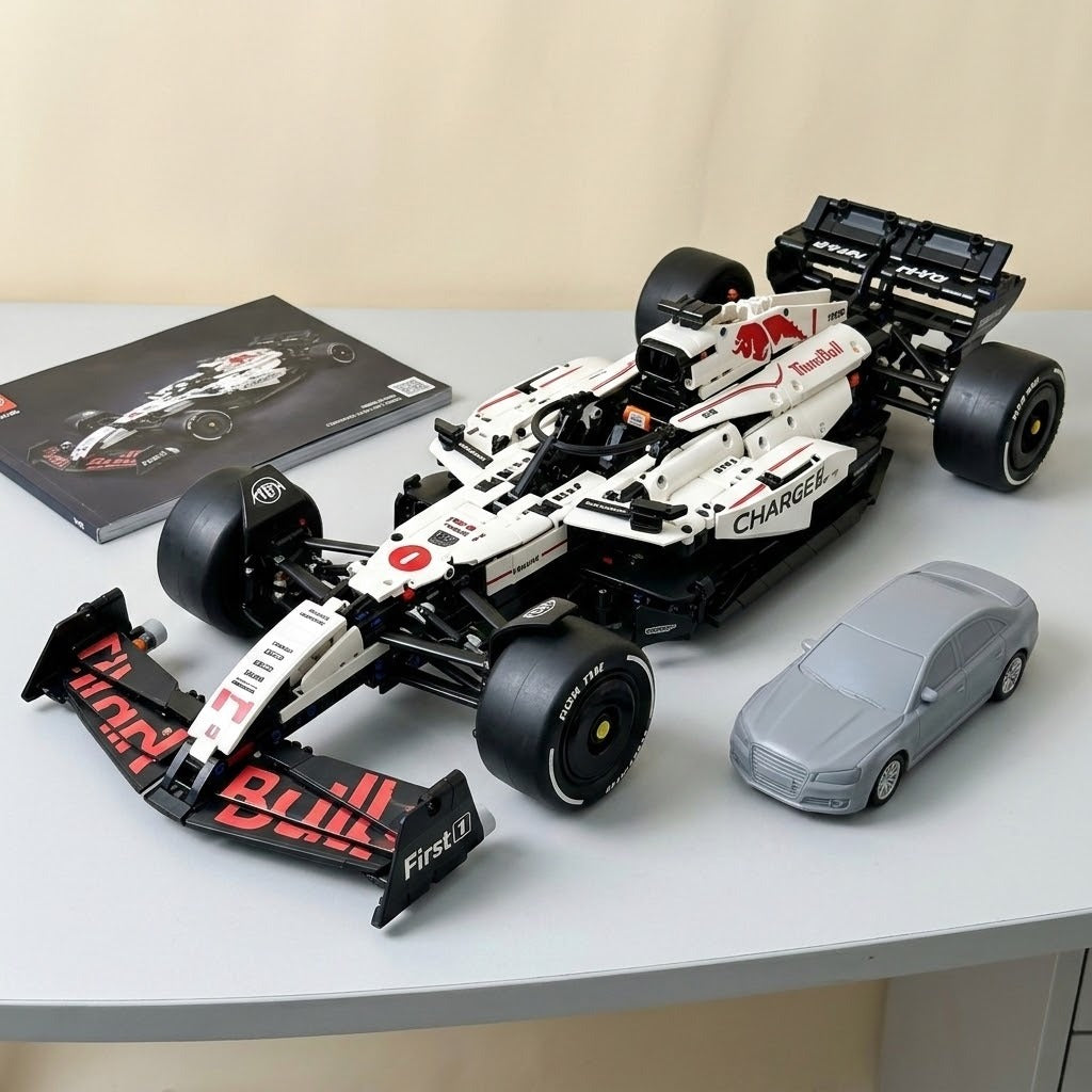 A white and black building-block toy Formula 1 race car with red Bull graphics, displayed on a light gray tabletop next to a gray toy car and a printed box insert.