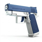 A blue and white water gun with a textured blue grip and blue trigger stands against a plain white background.