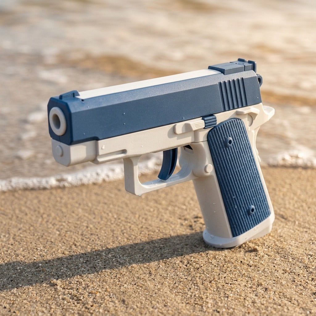 A blue and white water gun with a ribbed blue grip stands on wet beach sand near the water's edge.