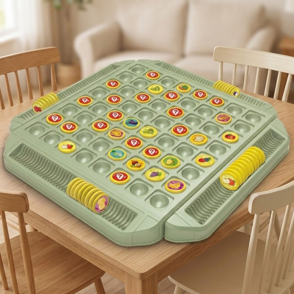 A sage-green memory matching game with yellow fruit and question-mark pieces sits on a wooden table surrounded by chairs.