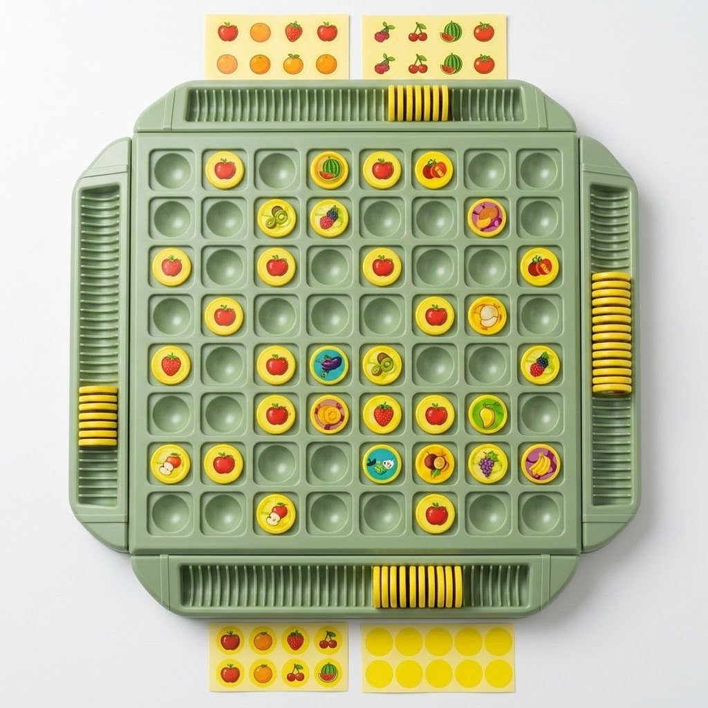 A green memory matching game viewed from above shows yellow fruit pieces, grooved storage trays, and sticker sheets on white.