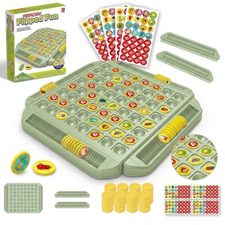 A memory matching game set on white includes a green board, yellow pieces, fruit stickers, detachable trays, and a box.