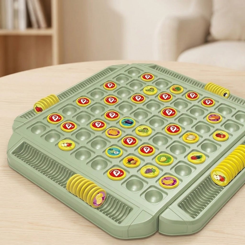 Green memory matching game with yellow fruit tokens and grooved side trays on a pale wooden table beside a cream sofa.