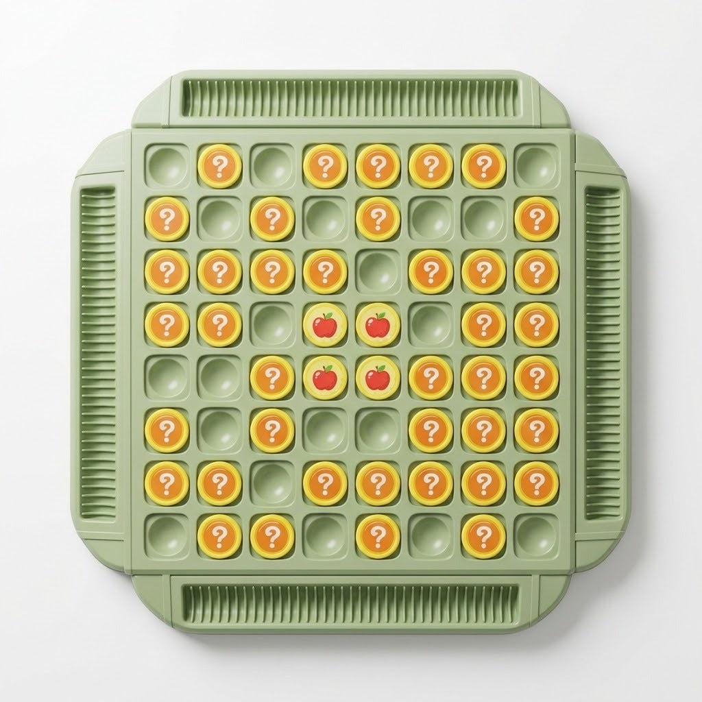 A green memory matching game on white has yellow question-mark pieces, empty recesses, and four revealed apple pieces in the center.