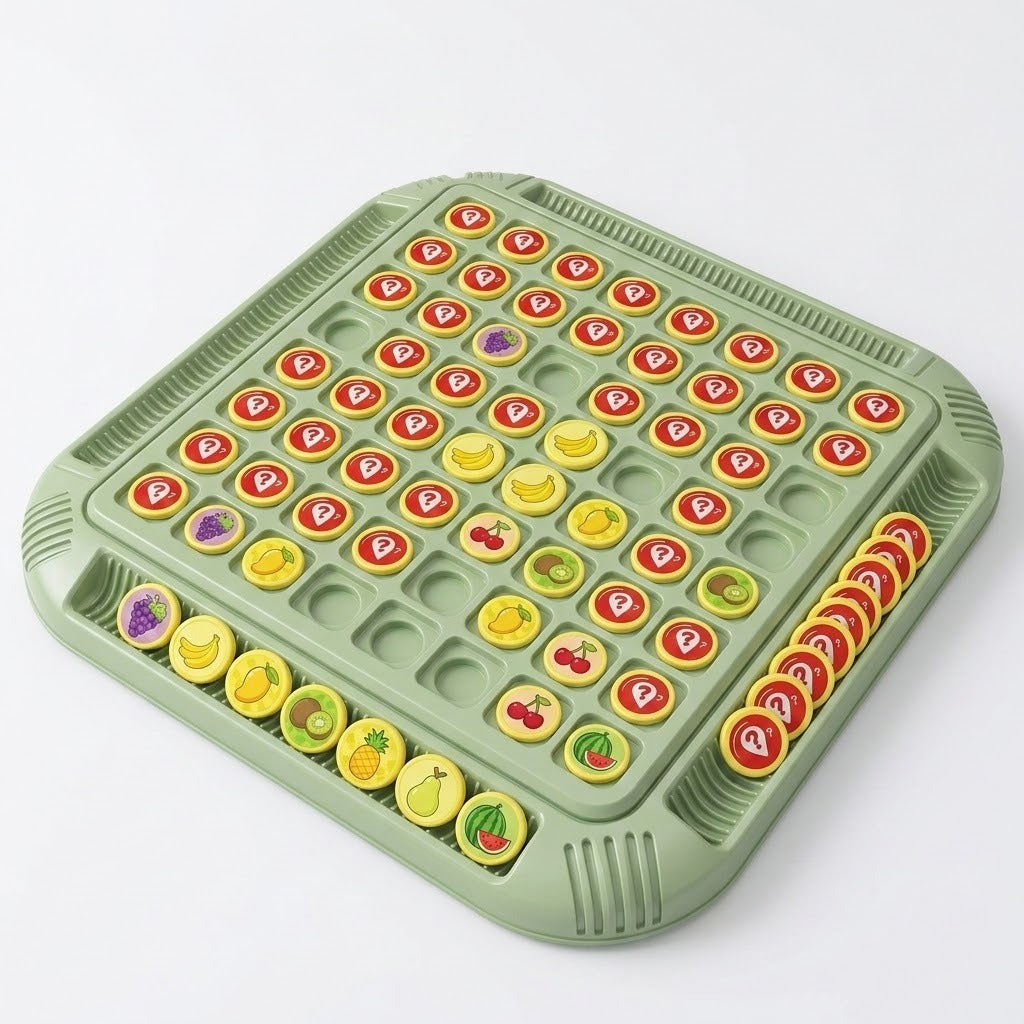 An angled green memory matching game on white displays yellow fruit and question-mark pieces, with upright pieces arranged in edge trays.