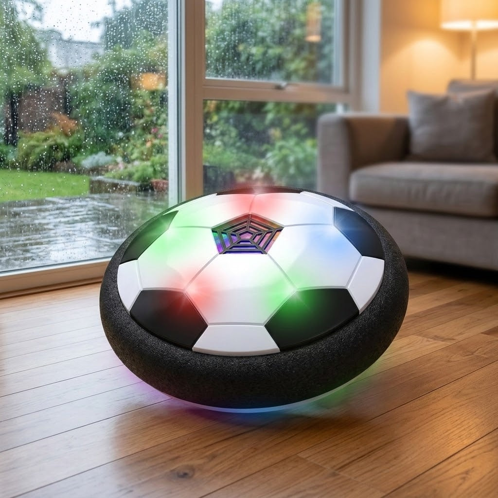 A black and white hover soccer ball glows with multicolored lights on a wooden floor beside a rain-speckled window.