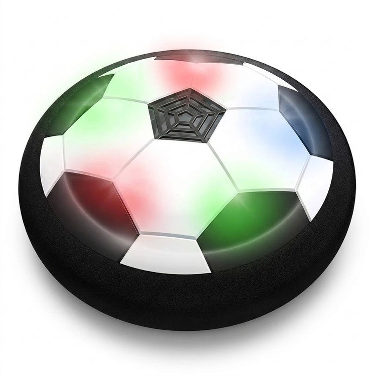 A black and white hover soccer ball with a thick black foam bumper and multicolored lights appears against a white background.
