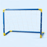 A blue goal with yellow connectors and white netting appears against a pale blue background, with no hover soccer ball visible.