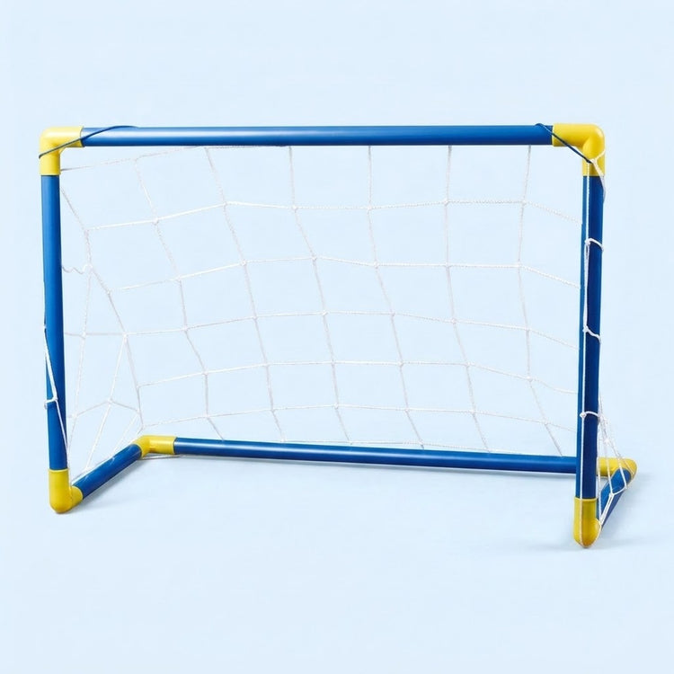 A blue goal with yellow connectors and white netting appears against a pale blue background, with no hover soccer ball visible.