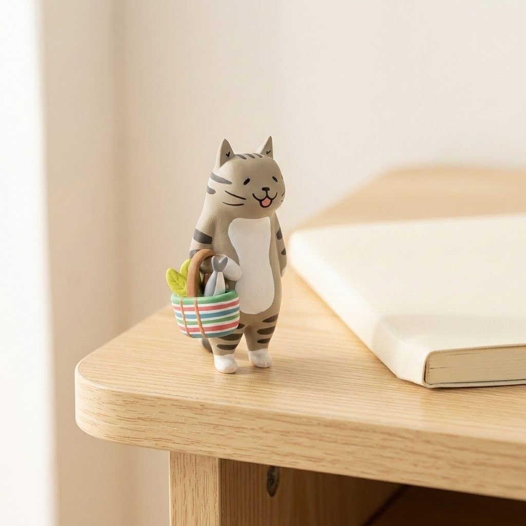 A gray tabby cat blind box figure holds a striped basket on a wooden table beside an open book.