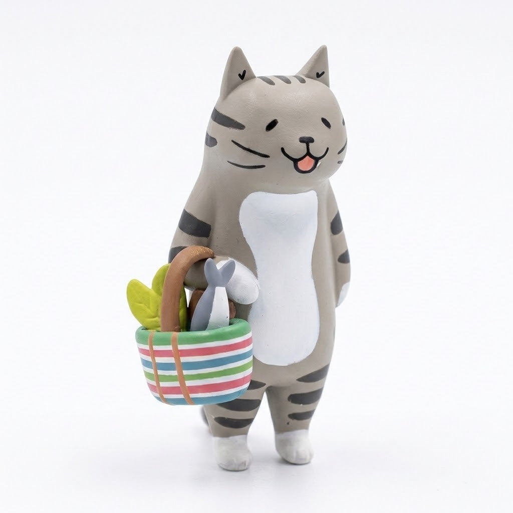 A gray tabby cat blind box figure holds a striped basket containing a fish and greens against a white background.