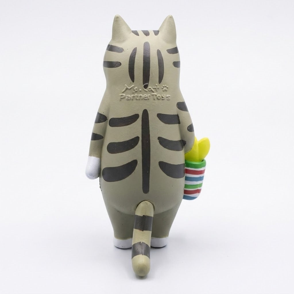 The gray tabby cat blind box figure shows its striped back, long tail, and basket from behind against a white background.
